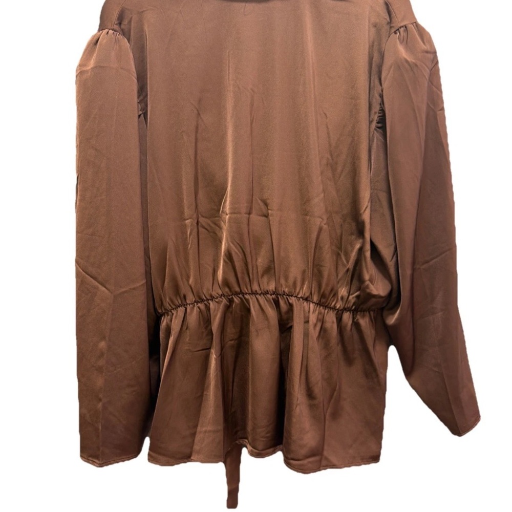 🆕Adiva Chocolate Brown Satin Wrap Tie Waist Blouse Shawl Collar Puff Sleeve 2X - Picture 2 of 9